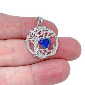 Estate Sterling Silver 925 Blue Cubic Zirconia Heart Vine Pendant